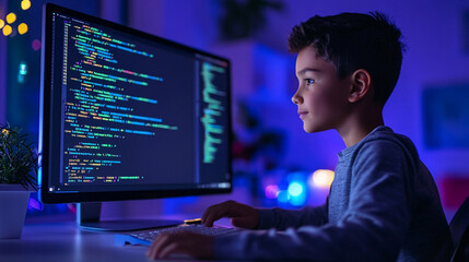 Boy building a coding project AI code assistants help error-check existing code and generate new code from text prompts