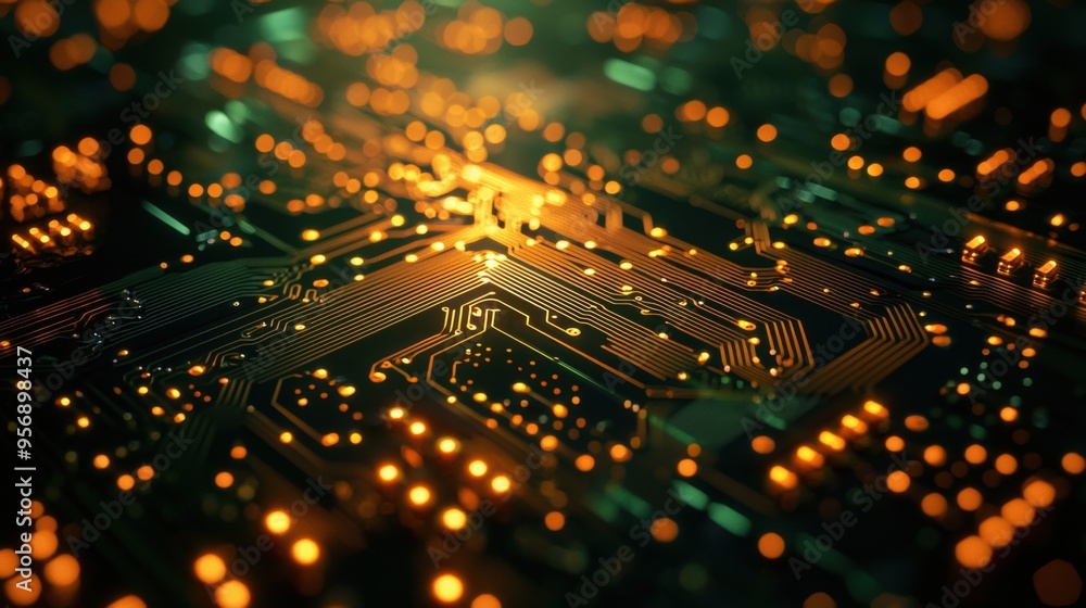Poster close-up of a futuristic circuit board with glowing lights, showcasing intricate electronic patterns