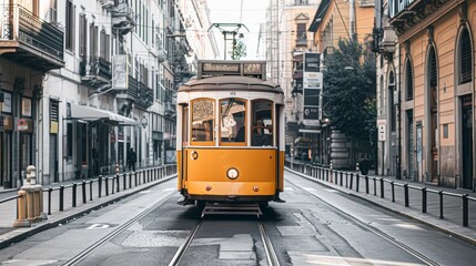 Fototapeta premium A vintage yellow tram moving along deserted tracks in a historic city street lined with classic buildings.