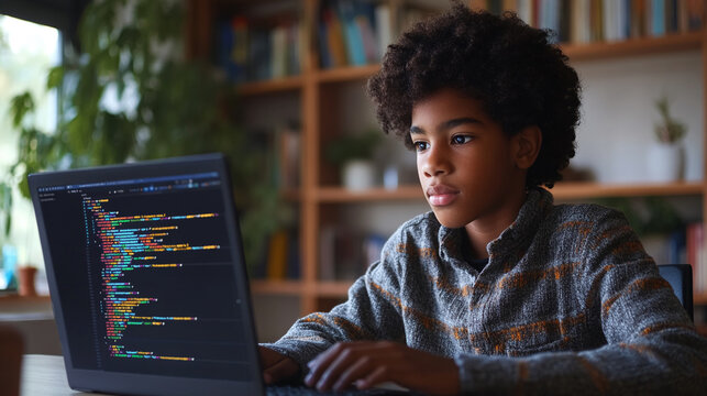 Boy with a laptop and code editor AI code assistants help error-check existing code and generate new code from text prompts