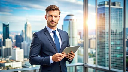 Fototapeta premium Confident and ambitions young executive in a modern office, dressed in a tailored suit and tie, holding a tablet with a bright cityscape background.