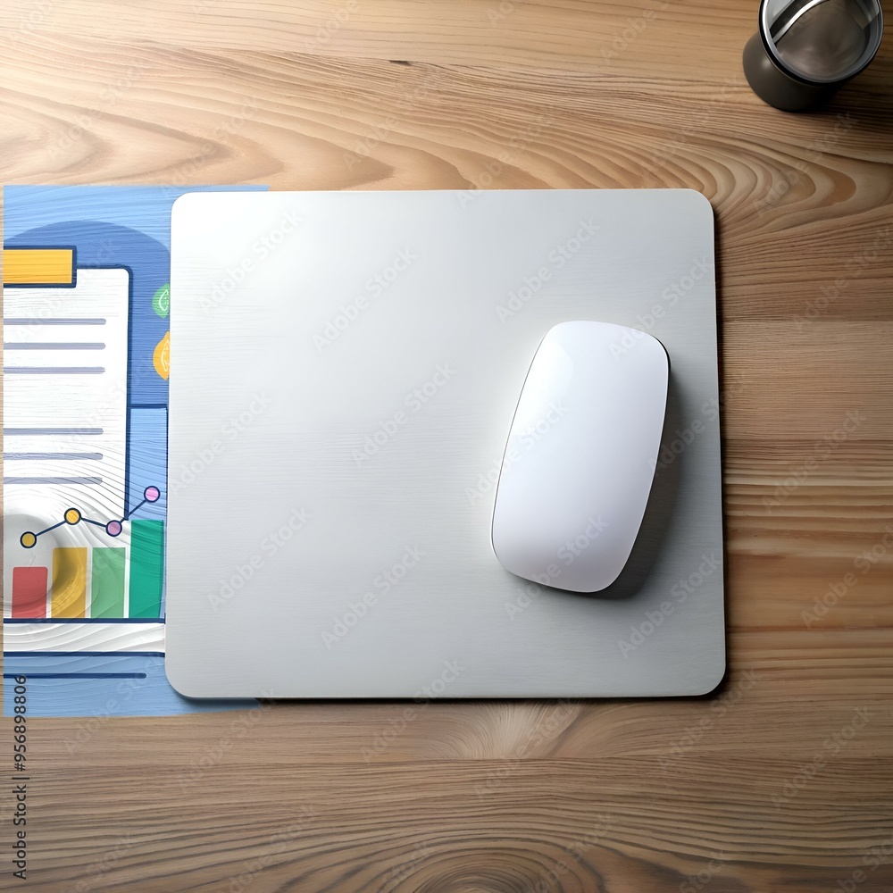 Poster a clean and minimalist workspace with a white mouse on a grey mousepad. perfect for showcasing your 