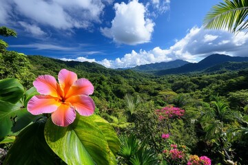 Tropical flowers, vibrant hues, lush landscapes burst with color in the dense rainforests