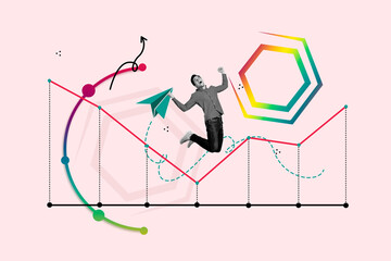 Creative abstract collage of happy businessman jump promotion arrow graph career development...