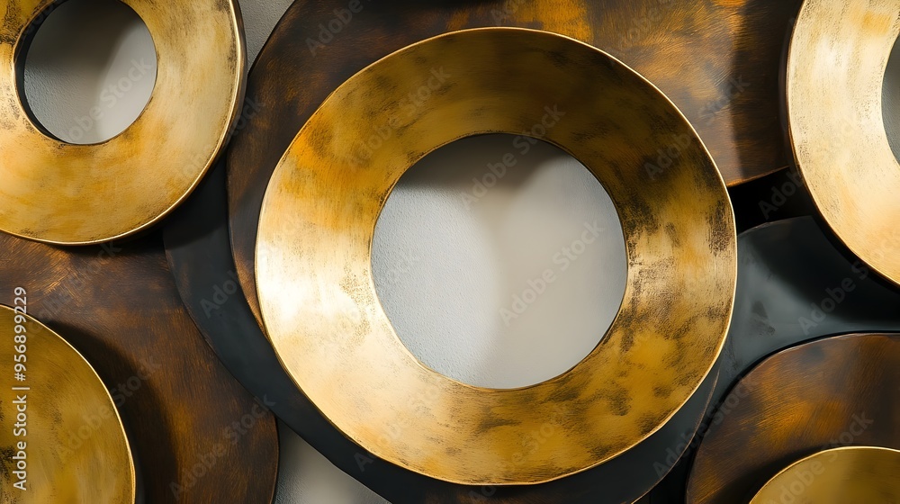 Poster shiny golden metallic abstract circular geometric patterns and textures