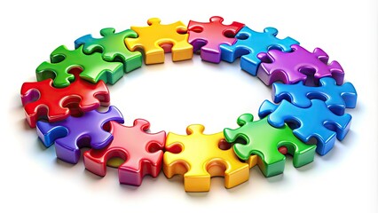 Connecting puzzle pieces form a complete circle, symbolizing unity, partnership, and strength, with vibrant colors and bold lines on a white background.