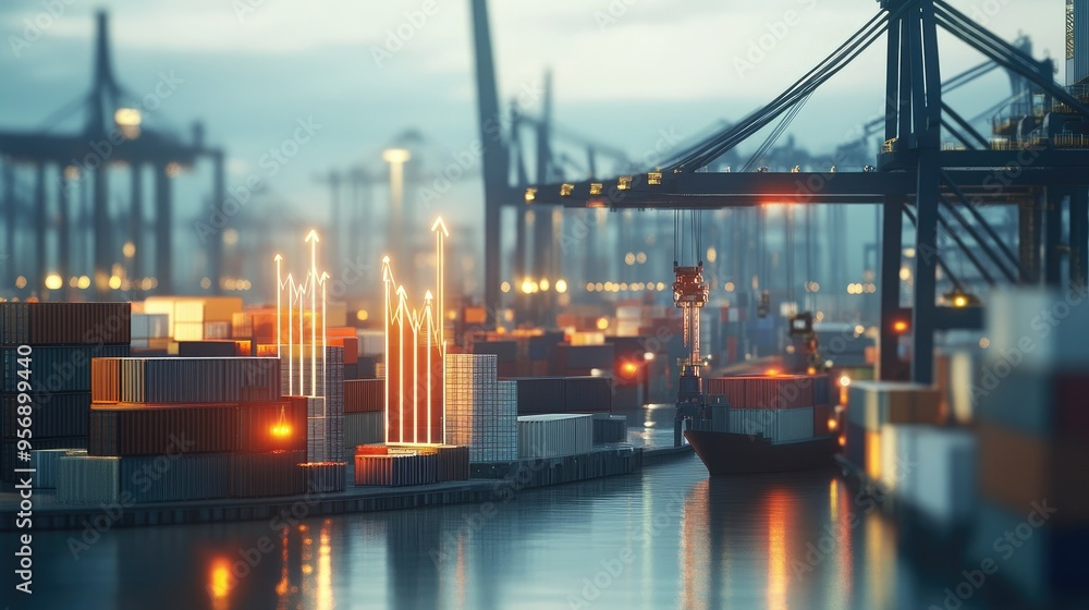 Poster harbor view with a crane working on cargo containers, featuring an up arrow and bar chart. concept f