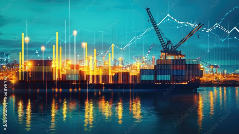 Poster harbor view with a cargo ship and crane in action, overlaid with an increasing bar chart and up arro