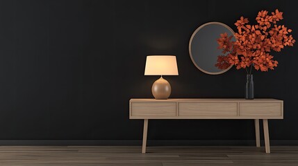 The stylish home office features a modern desk adorned with a lamp and a fresh flower arrangement, set against a black wall and a mirror reflecting the room's elegance