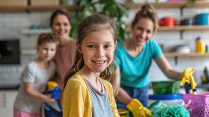 A cheerful family working together to clean their living room.
