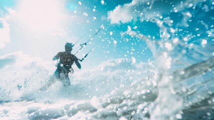A dynamic kite surfer cutting through the waves under a bright blue sky, embodying the thrill and skill of the watersport.