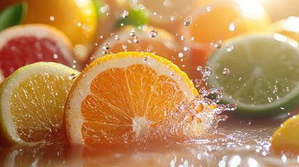 Juicy citrus fruits being sliced open, droplets of juice spraying, bright and fresh, colorful and...