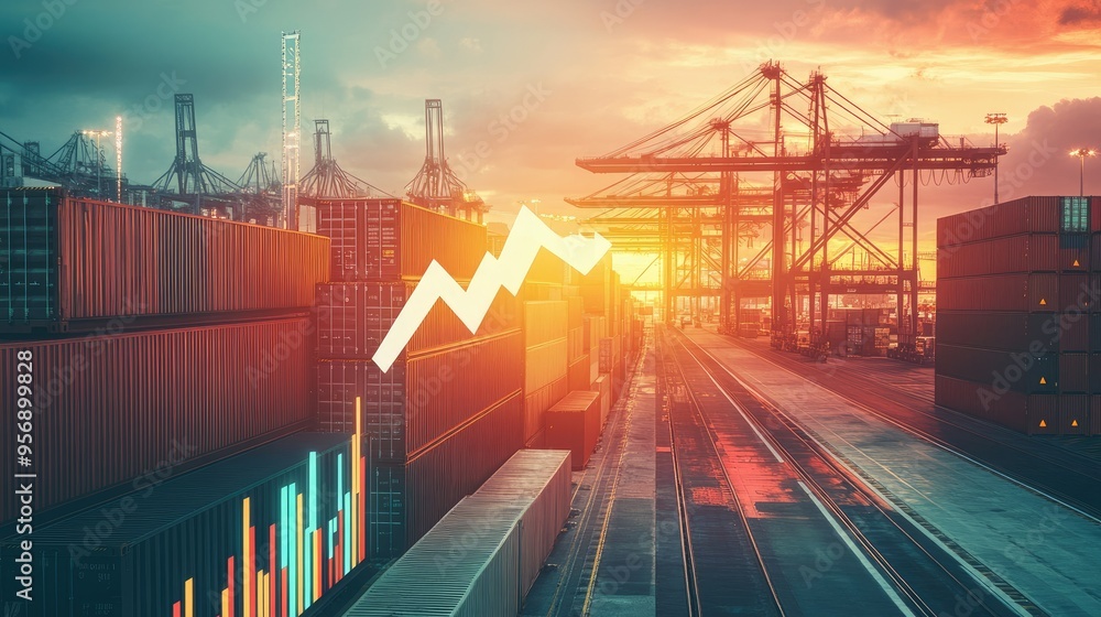 Poster harbor view with a crane working on cargo containers, featuring an up arrow and bar chart. concept f