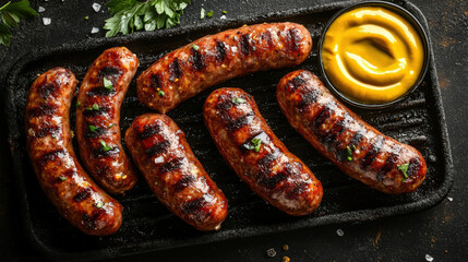 Fototapeta premium Juicy sausage links sizzling on a grill, charred and smoky, served with mustard, rustic and hearty. 