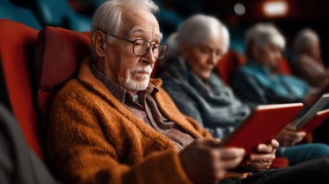 Elderly individuals sitting in a theater or auditorium, each reading from a tablet device. The main focus is on an elderly man in a mustard-colored sweater and glasses. - Powered by Adobe