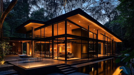 A modern, luxurious glass-walled house illuminated at night, set amid a dense forest, featuring warm indoor lighting and a large outdoor patio area.