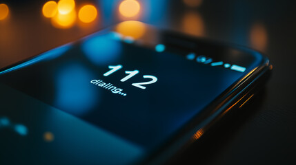 Mobile phone dialing Emergency number 112. Blurred bokeh background. Concept of calling for help.