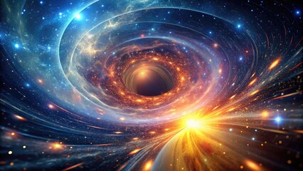 Fototapeta premium Cosmic wormhole visualizes warped space-time continuum, swirling stars, and distorted galaxy, illustrating the groundbreaking concept of time dilation and gravitational force.