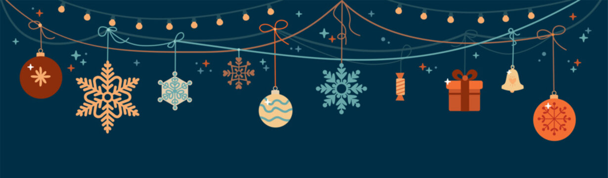 Christmas banner, greeting card, poster, header. Modern Xmas design with festive decorations and garlands over dark blue background