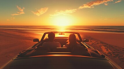 A couple in a convertible car, parked by the beach, watching the sunset. The scene captures romance, relaxation, and the beauty of a coastal sunset
