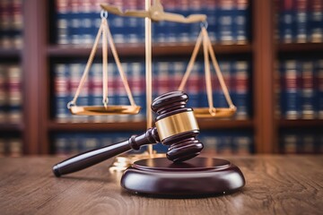Gavel with balance scale in judicial setting, symbolizing justice and authority