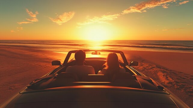 A couple in a convertible car, parked by the beach, watching the sunset. The scene captures romance, relaxation, and the beauty of a coastal sunset