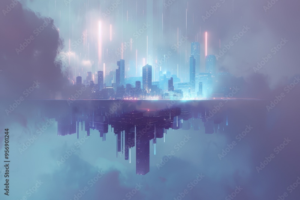 Wall mural a futuristic cityscape with an inverted reflection in the clouds