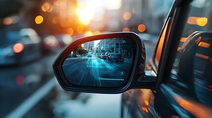 Modern Car Mirror with Digital Blind Spot Warning and Urban Street Reflection