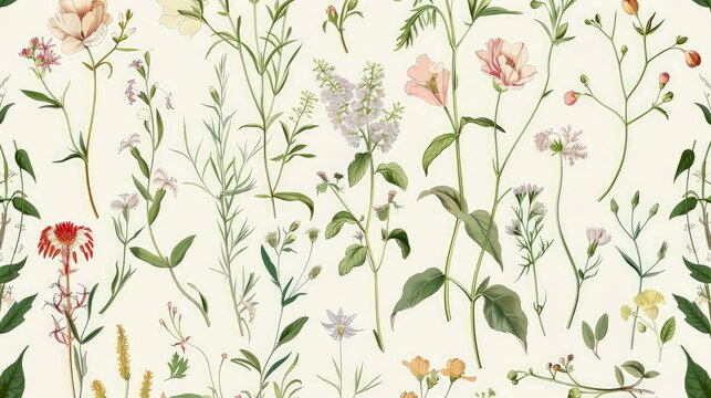 A vintage-inspired seamless pattern with botanical illustrations of garden flowers and wild herbs in muted colors, suitable for elegant wallpaper.