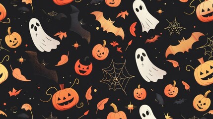 Fototapeta premium Whimsical Halloween pattern showcasing cheerful ghosts, bats, spider webs, and pumpkins, all set against a dark, festive backdrop.