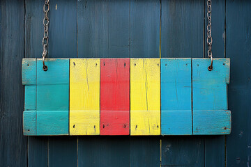 Black Background with Colorful Wooden Sign in Red, Blue, and Yellow Paint Texture Suspended by Chains - Rustic Wood Banner Design