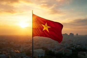 The Vietnamese flag fl High quality photo of the vietnamese national Flag flying in Hanoi, Vietnam at sunrise with cityscape background