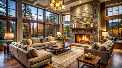 Cozy family room with a crackling fireplace, plush furniture, and warm lighting, surrounded by floor-to-ceiling windows and a stunning natural stone wall.