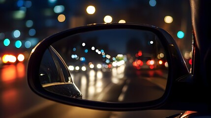 Rearview Mirror at Night Showcasing Driving Risks and Safety Precautions