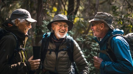 Fototapeta premium Three elderly men enjoying a lively conversation during a hike in a forest, their faces lit with joy and laughter, surrounded by lush greenery.