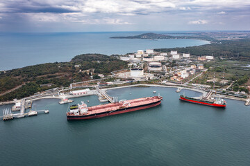 Aerial view to a oil port of oil refinery Lukoil on Black Sea near to Burgas, Bulgaria