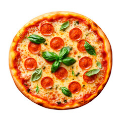 Delicious pepperoni pizza topped with fresh basil leaves and cheese, transparent background, png image