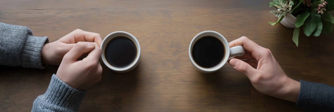 Two people's hands holding coffee cups over a wooden table, suggesting conversation, warmth, and connection.