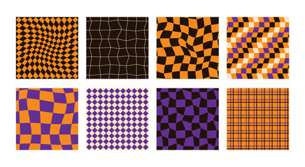 Halloween distorted checkered seamless patterns set. Psychedelic retro backgrounds 60s 70s style.