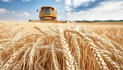 Fototapeta premium Modern combines work in huge fields of wheat. The wheat stalks flutter in the wind like waves