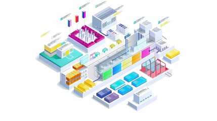 Obraz premium A visually striking isometric view of a resource allocation chart in a corporate setting, using different colors to represent various departments, all on a white background for maximum contrast.