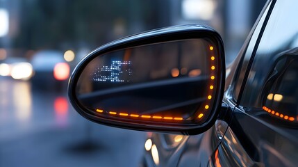 Futuristic Side Mirror of a Modern Electric Car with Digital Warning Light