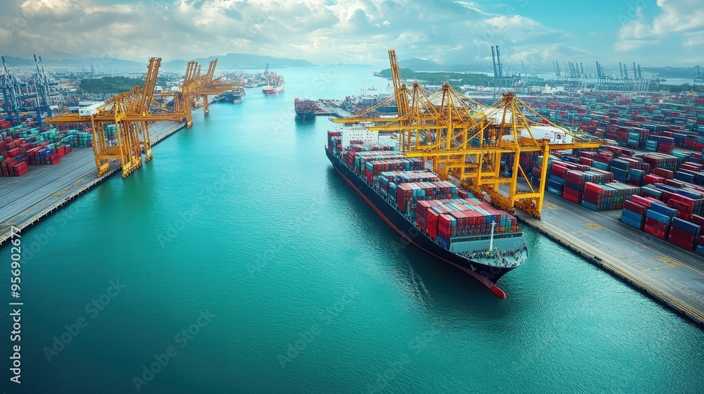 Poster high-angle view of a sea port with cranes and container ships in the harbor. focuses on the scale of