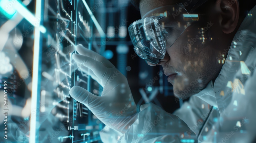 Poster close-up of a scientist wearing goggles, interacting with holographic data on a futuristic interface