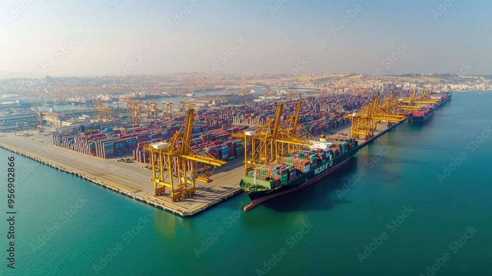 Poster high-angle view of a sea port with cranes and container ships in the harbor. focuses on the scale of