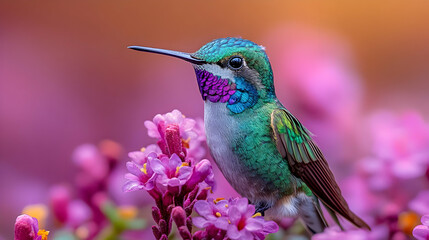 Fototapeta premium Hummingbird Perched on Purple Flower - Realistic Photo