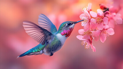 Fototapeta premium Hummingbird in Flight, Drinking Nectar from a Pink Flower - Realistic Illustration
