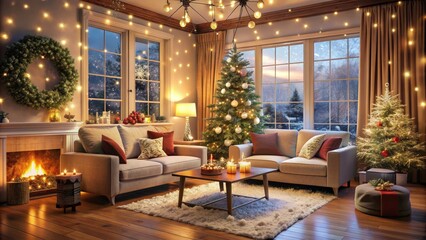 Obraz premium Cozy living room with festive Christmas decorations, twinkling lights, and plush furnishings, evoking a warm and inviting holiday atmosphere with snowflakes gently falling outside.