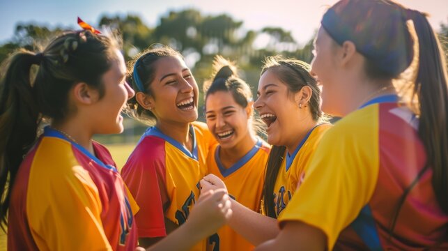 A group of young women in colorful sports uniforms shares a joyous, victorious moment, their laughter and bright smiles shining under the sun. - Powered by Adobe