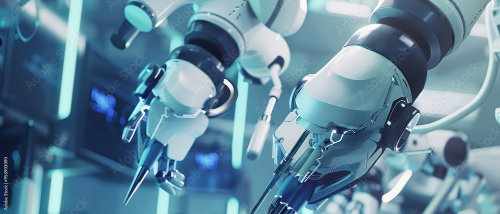 Poster close-up of advanced robotic hands in a high-tech environment, showcasing intricate design and preci
